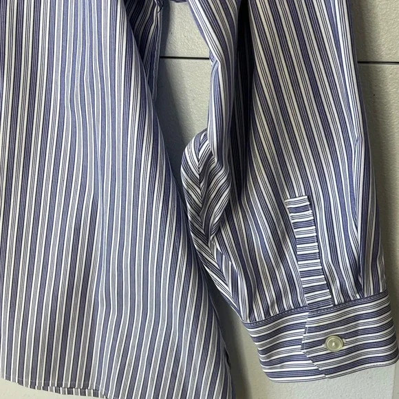 Catherines Plus 4X Blue White Striped‎ Non-Iron 100% Cotton Button Up Blouse - Picture 10 of 11